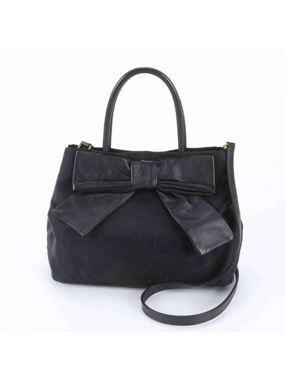 Prada Ribbon Motif Leather Tessuto Nylon 2-Way Shoulder Bag Crossbody